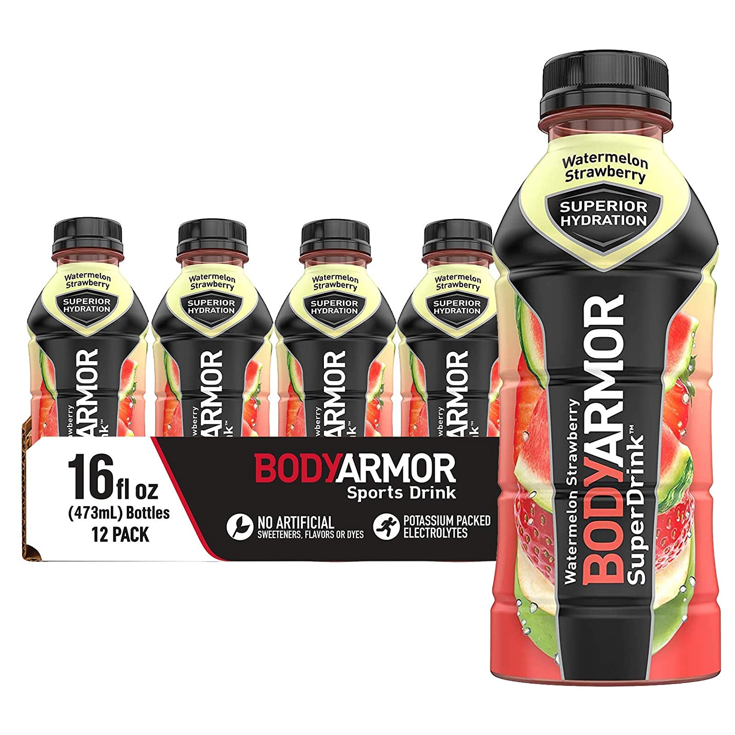 BODYARMOR Sports Drink Sports Beverage. Watermelon Strawberry. Natural Flavors With Vitamins. Potassium-Packed