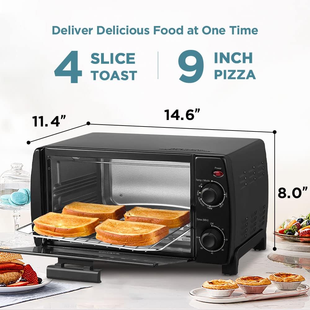 COMFEE- 4 Slice Small Toaster Oven Countertop. Retro Compact Design. Multi-Function with 30-Minute Timer. Bake. Broil. Toast. 1000 Watts. 2-Rack Capacity. Black (CFO-BB101)