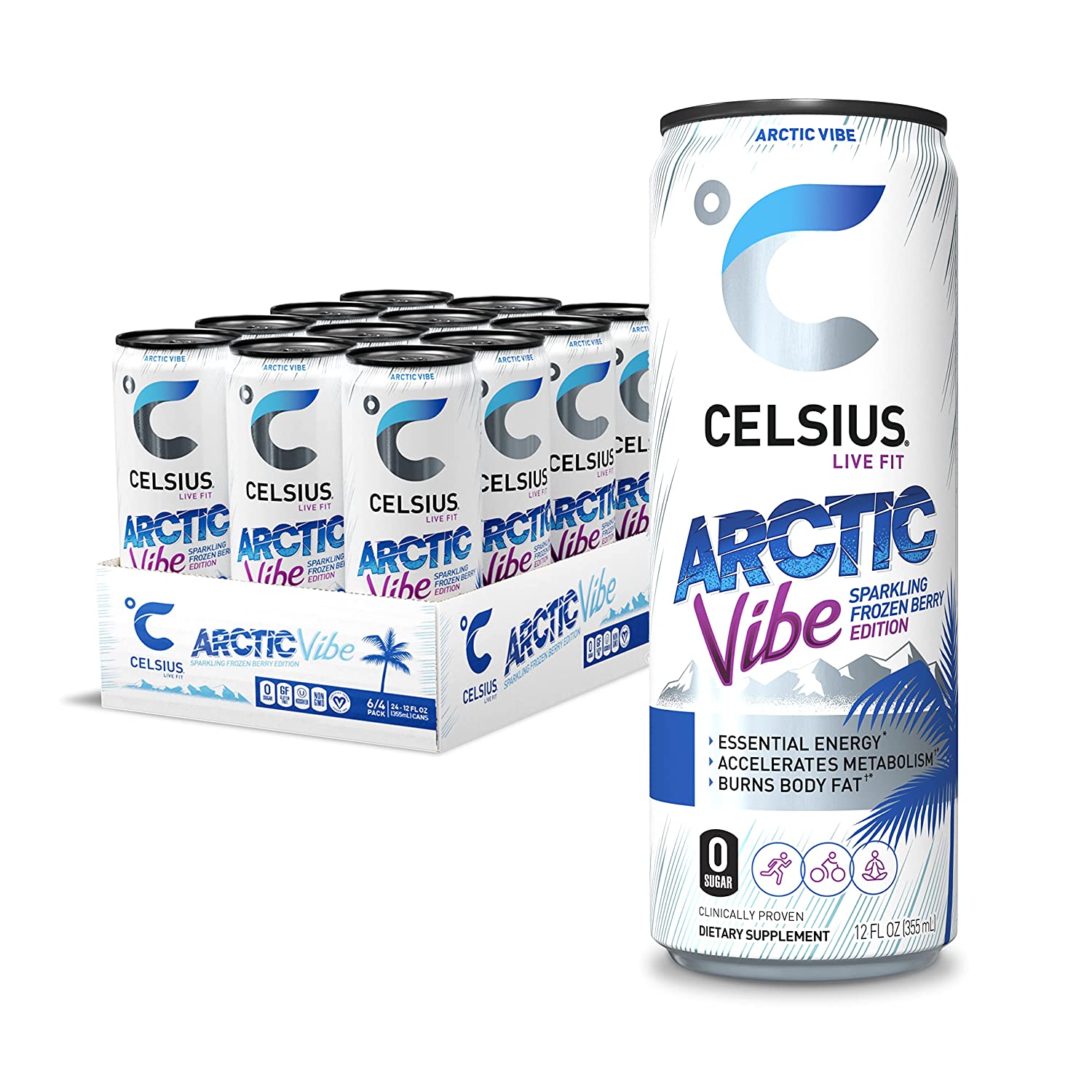 CELSIUS Essential Energy Drink 12 Fl Oz. Arctic Vibe Sparkling Frozen Berry Edition (Pack of 12)