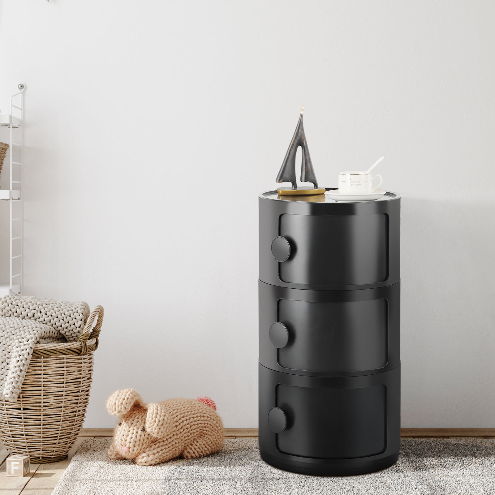 Oumilen 3 Drawer Sliding Barrel Modern Bedroom Nightstand. Black