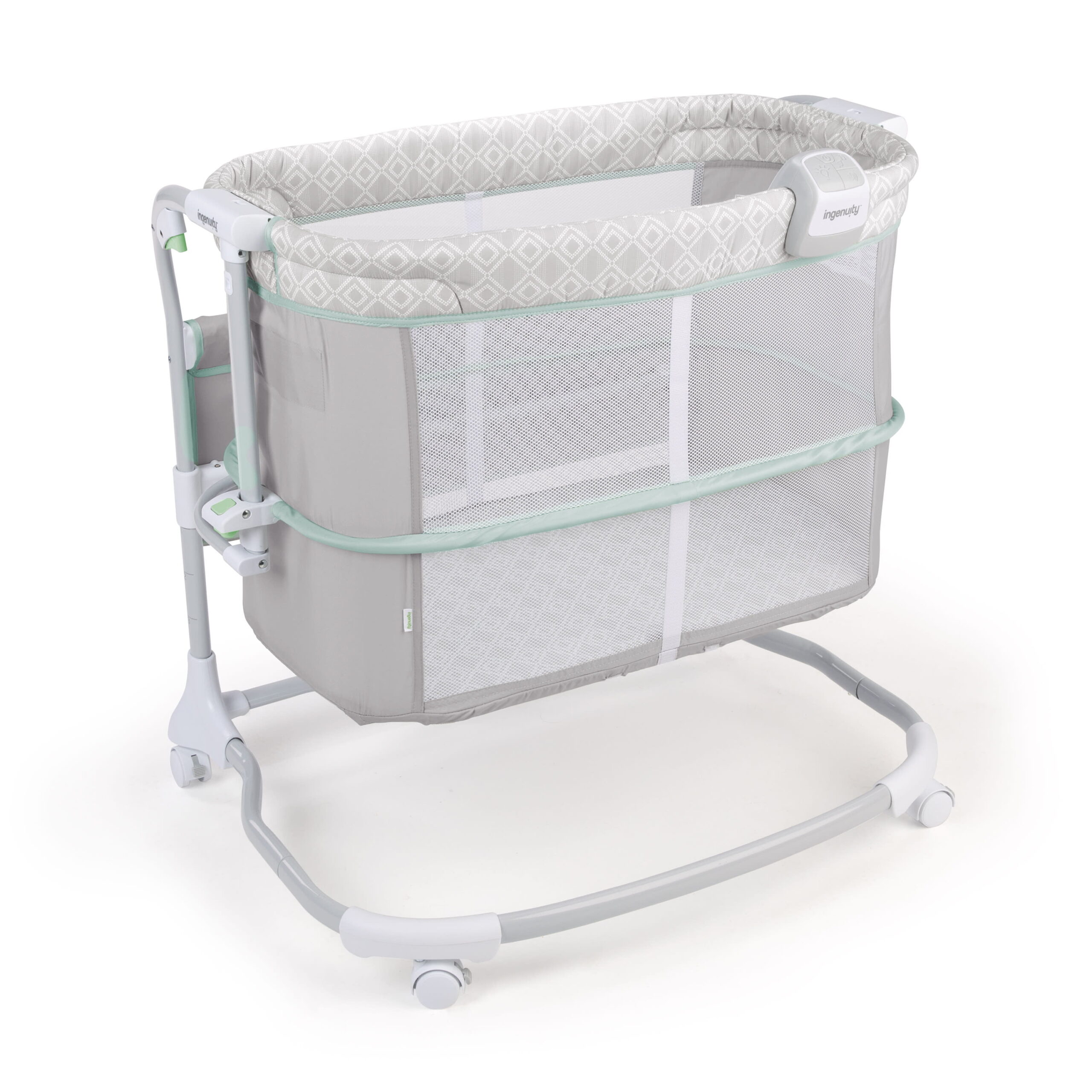 Ingenuity Dream & Grow Bedside Adjustable Baby Bassinet with Storage Pocket. Green/Gray