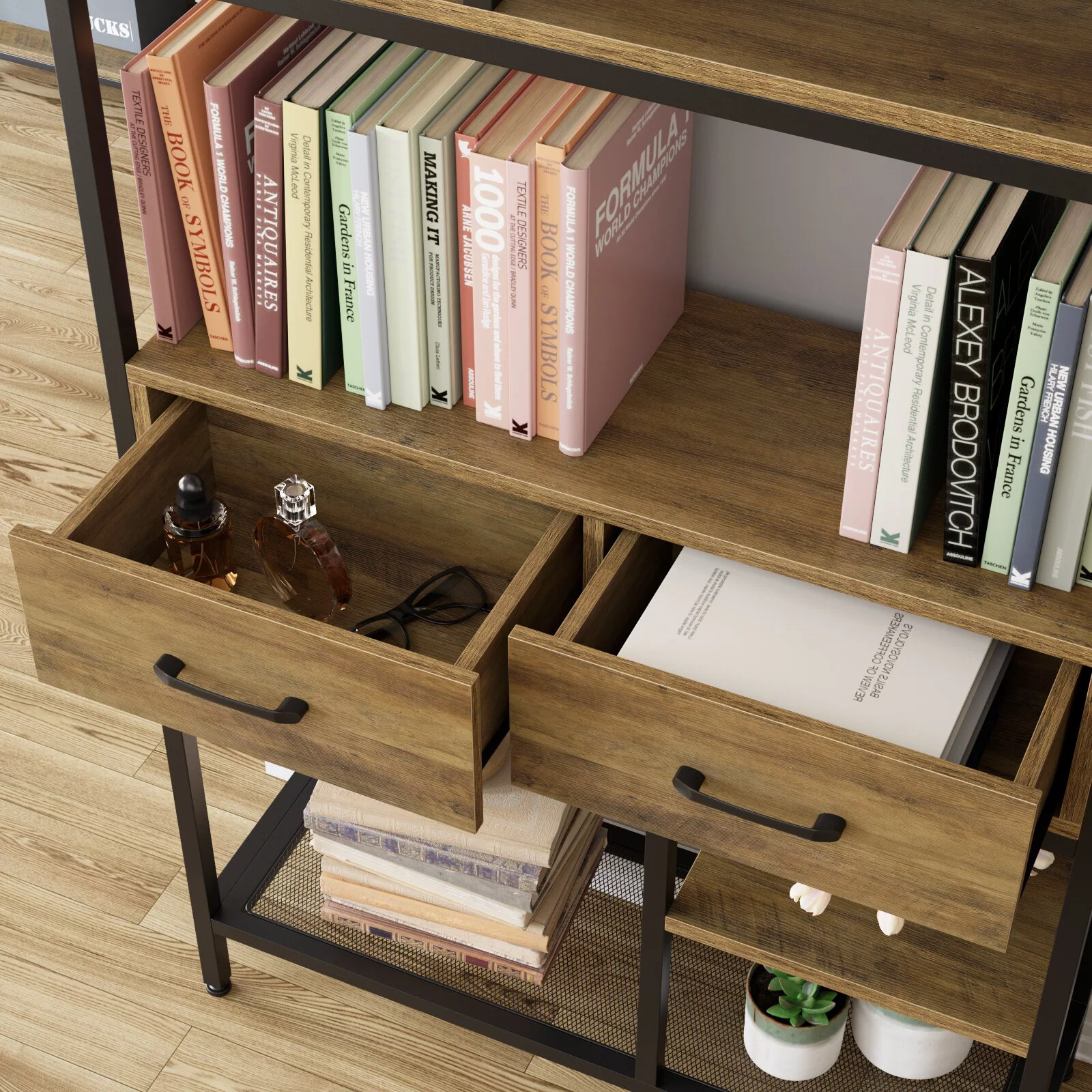 Homfa 5-tier Iron Bookcase with 2 Drawers. Industrial Tall Bookshelf with 7 open storage shelves. Free Standing Display shelf with Metal Frame. Rustic Brown