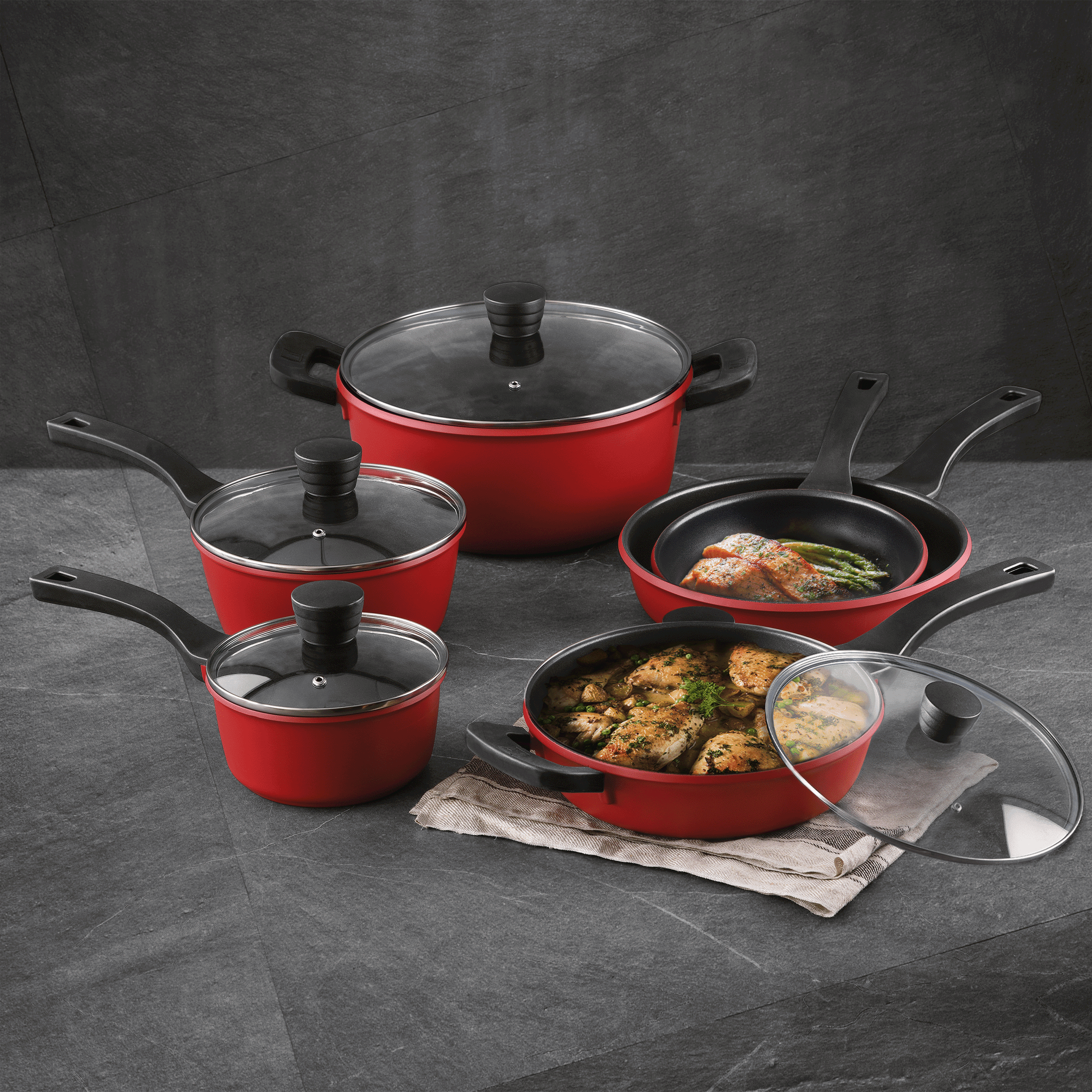 Bergner Retro Collection Cast Aluminum Nonstick Pots and Pans 10 Piece Cookware Set - Red