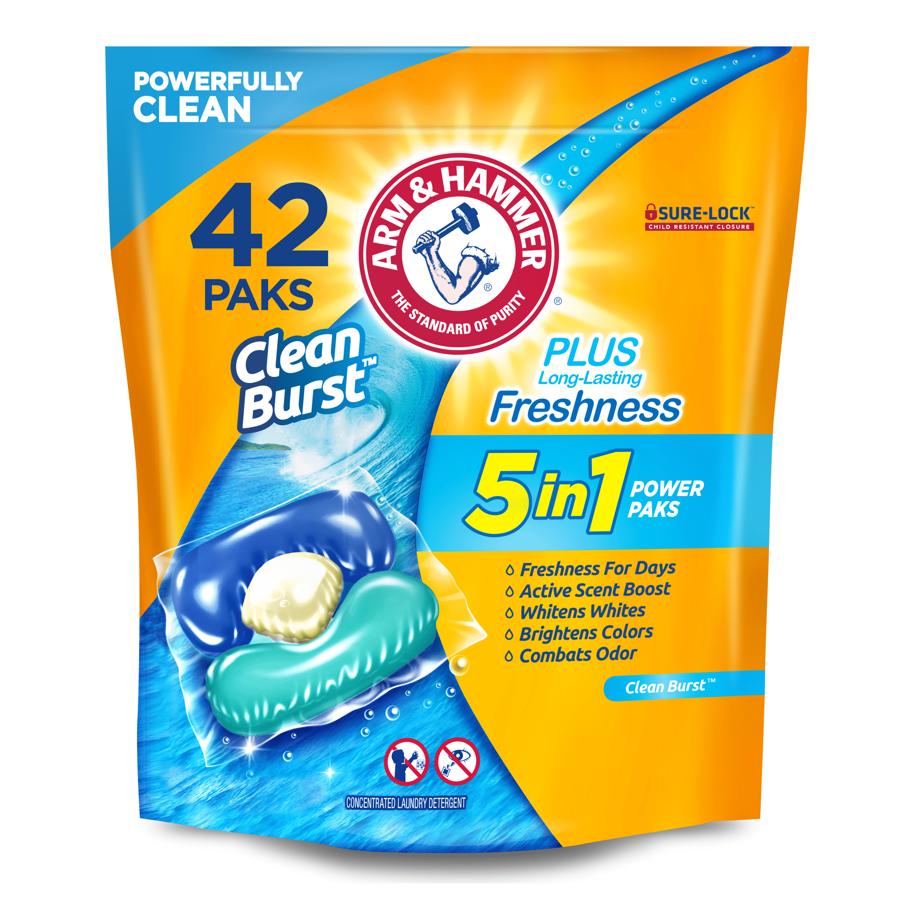 Arm & Hammer Clean Burst 5-in-1 Laundry Detergent Power Paks. High Efficieny (HE). 42 Count