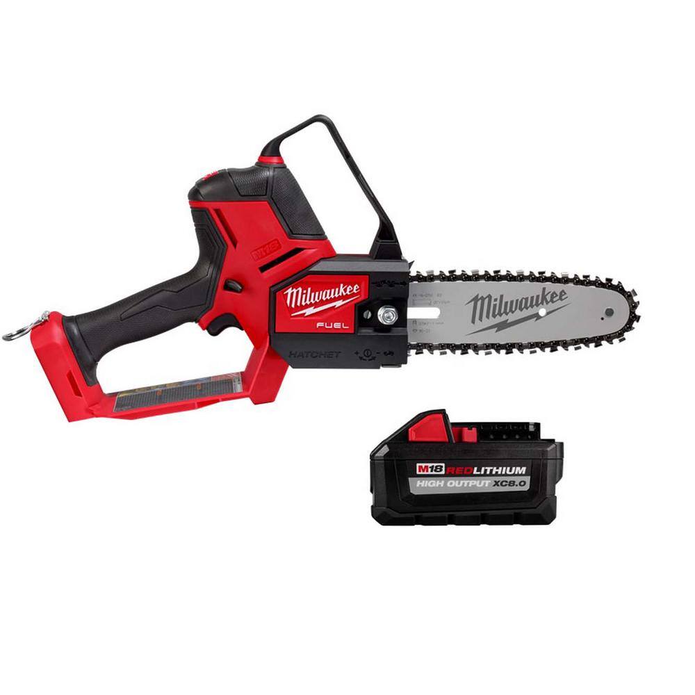 Milwaukee 3004-20-48-11-1880 M18 FUEL 8 in. 18V Lithium-Ion Brushless Electric Battery Chainsaw HATCHET Pruning Saw w/8.0 Ah XC High Output Battery