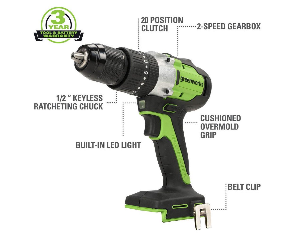 Greenworks 24V Brushless 1/2 in. Hammer Drill. Battery Not Included 3703402AZ