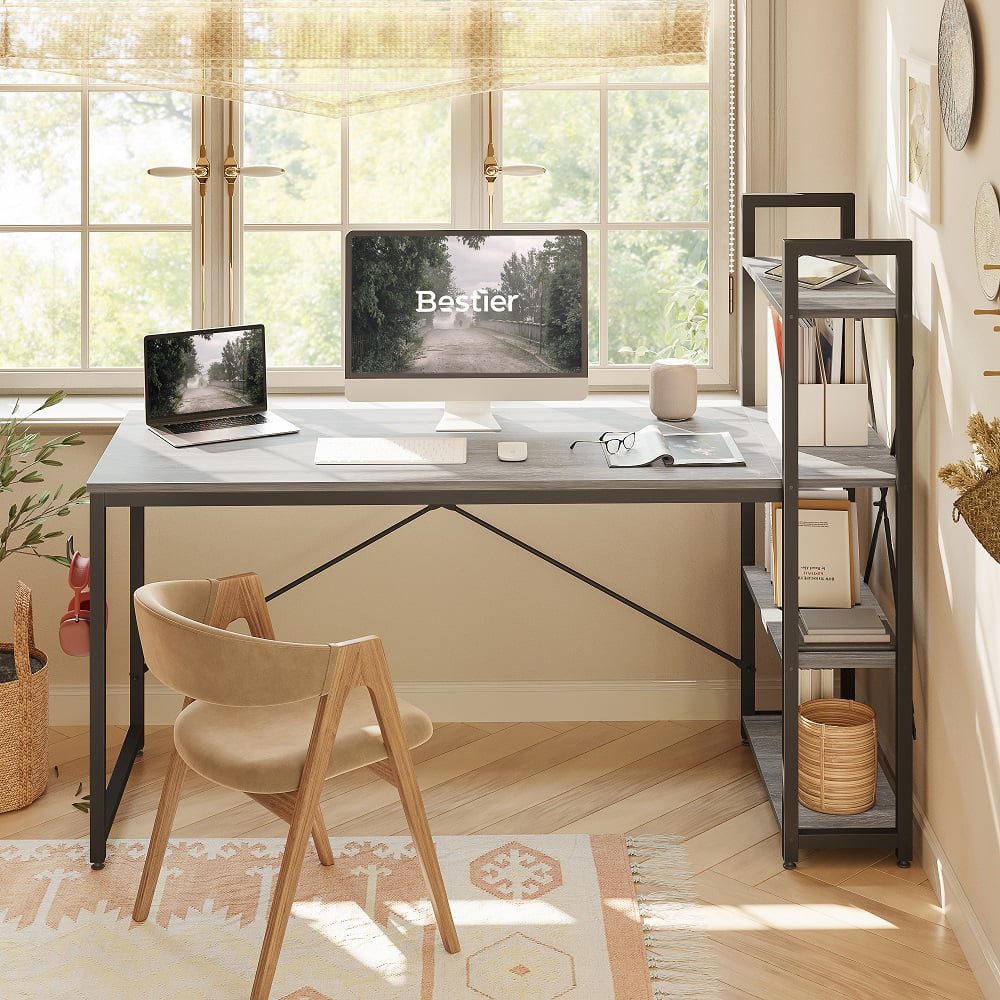 Bestier 63 inch Computer Desk with Storage Shelves. Modern Bookshelf with Headphone Hook. Light Grey