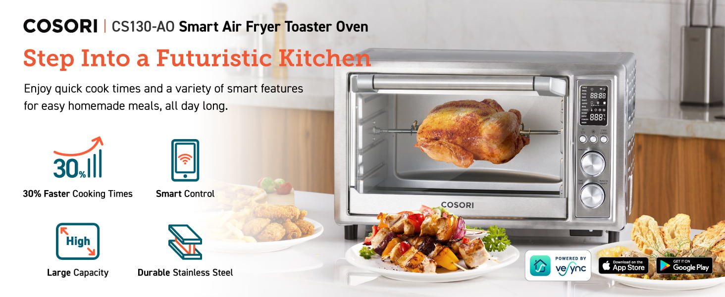 Cosori Toaster Oven Air Fryer CS130-AO. Smart 32QT Large Stainless Steel Countertop Convection Oven for Pizza. Rotisserie. 12-in-1. Silver