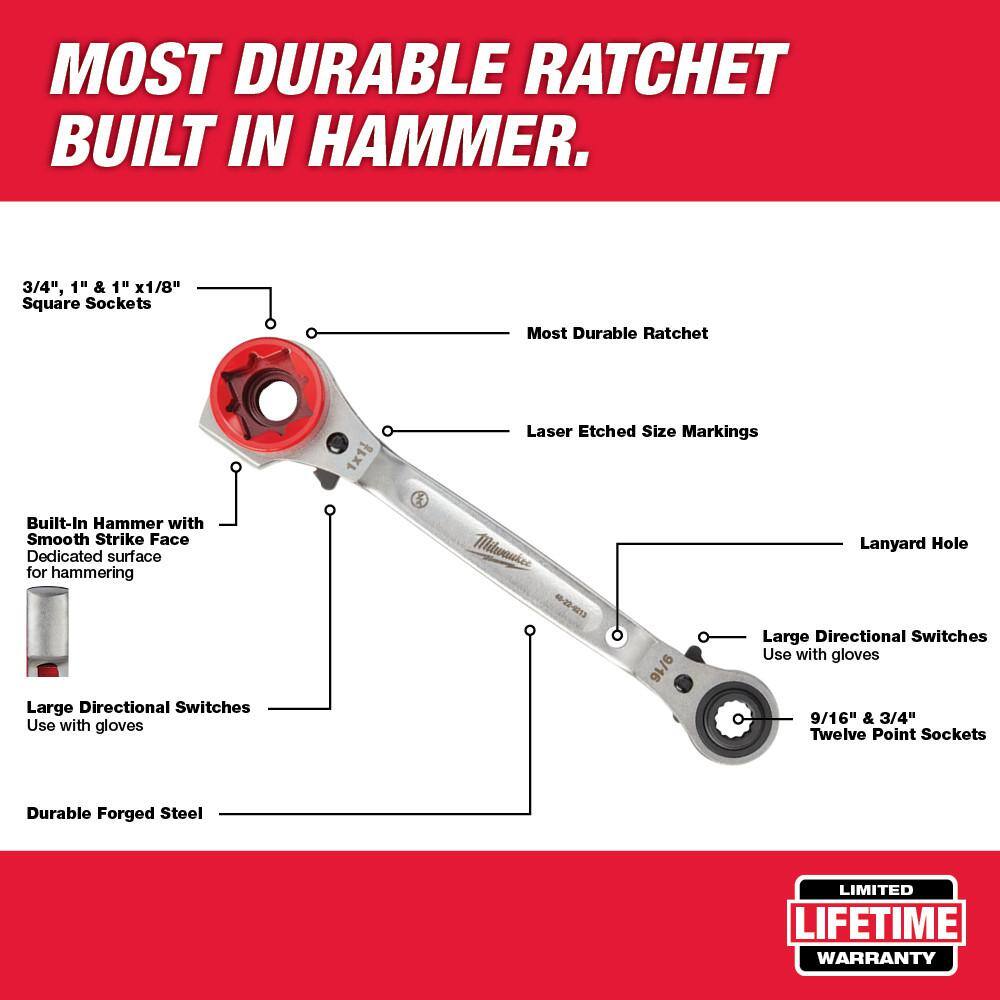 Milwaukee 48-22-9216-48-22-9211 Lineman-s 5-In-1 3/4 in. Ratcheting Wrench with Smooth Strike Face & Lineman-s 2-In-1 Insulated Ratcheting Box Wrench