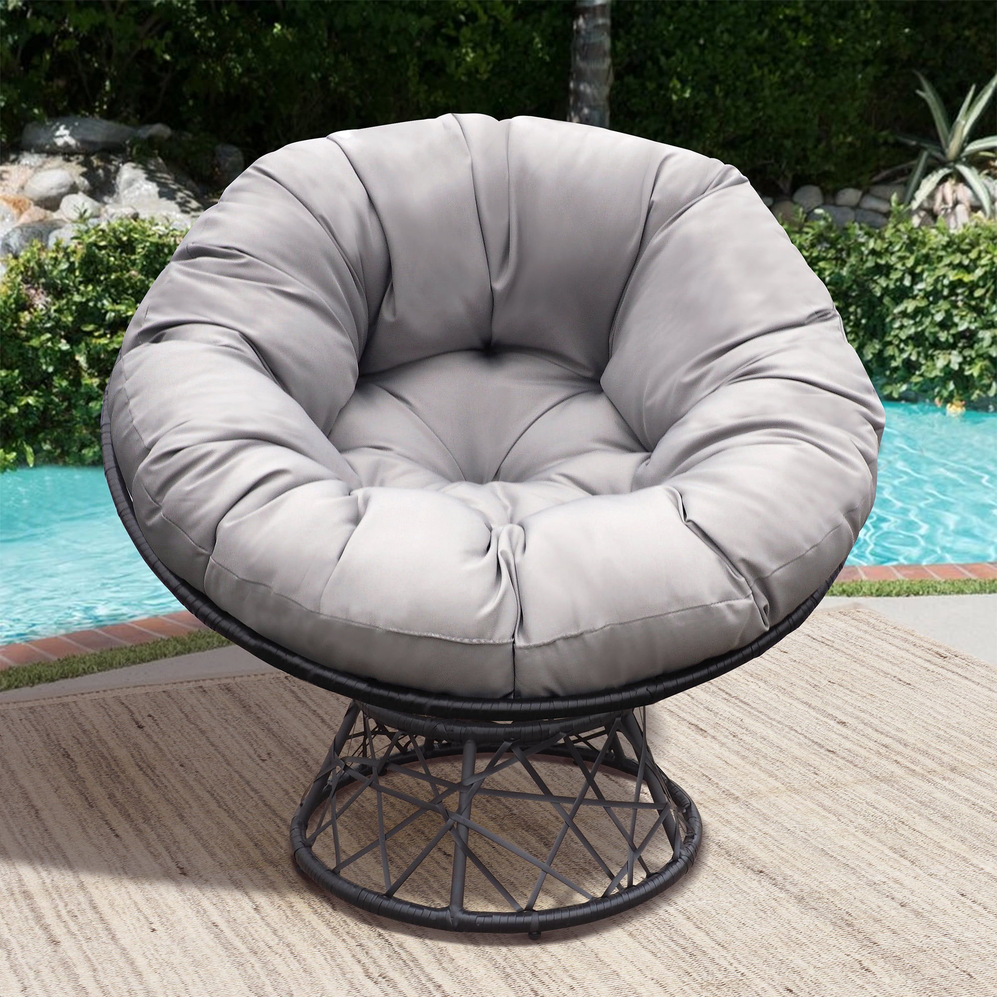 Arttoreal Outdoor Patio Wicker Papasan Chair 360-Degree Swivel with Frame and Cushion.Comfy Round Lounge Moon Chair.Gray