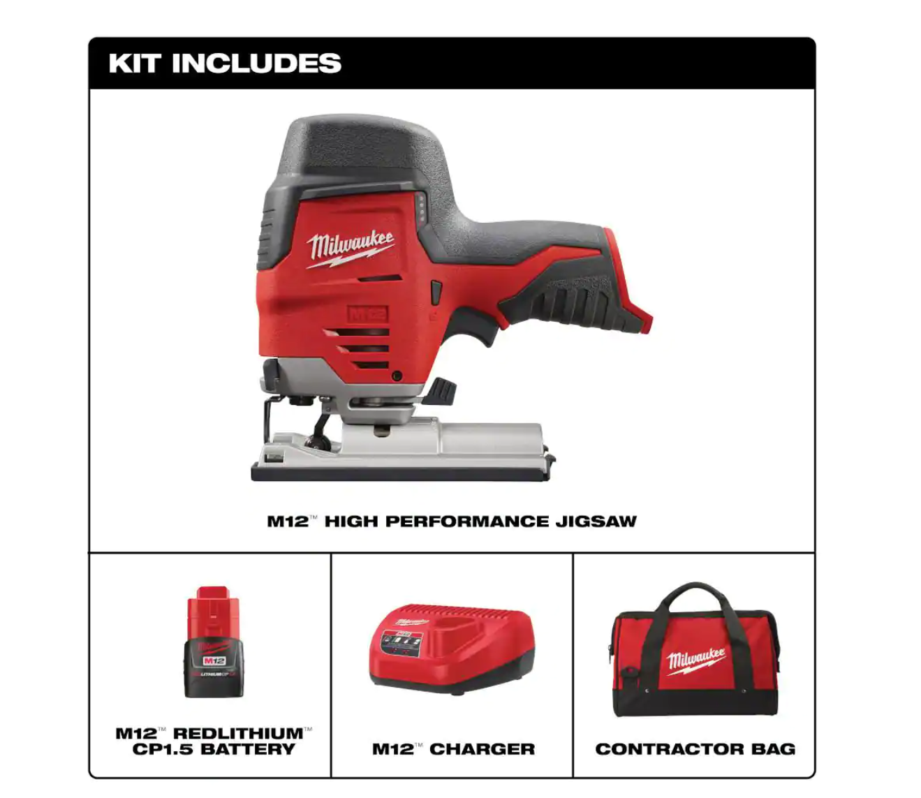 Milwaukee 2445-21 M12 12V Lithium-Ion Cordless Jig Saw Kit with One 1.5 Ah Battery. Charger. Tool Bag