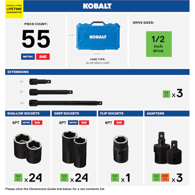 Kobalt 55-Piece Standard (SAE) and Metric 1/2-in Drive Set 6-point Impact Socket Set