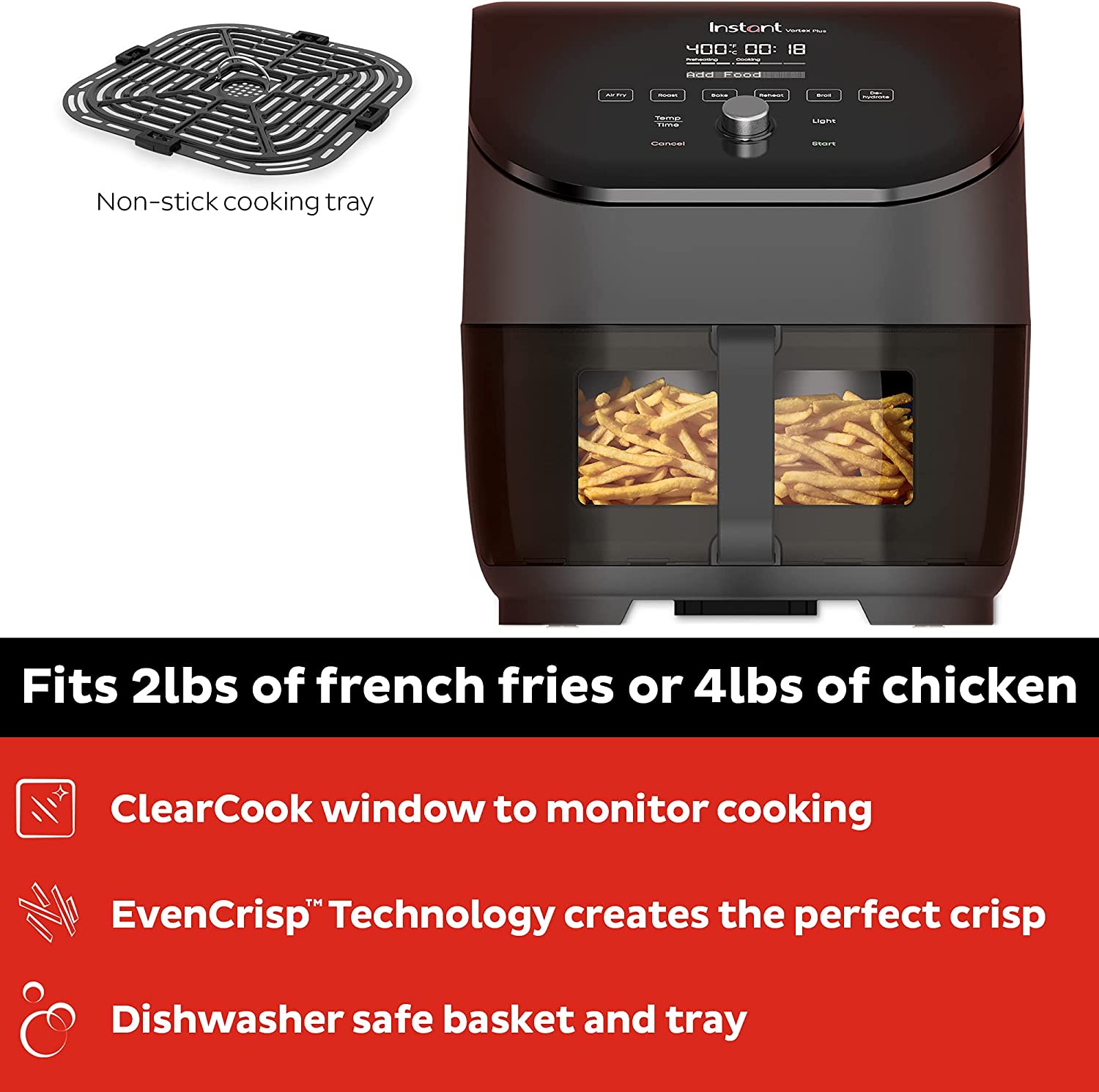 Instant Vortex Plus 6-Quart Air Fryer Oven. From the Makers of Instant Pot with ClearCook Cooking Window. Digital Touchscreen. App with over 100 Recipes. Single Basket. Black