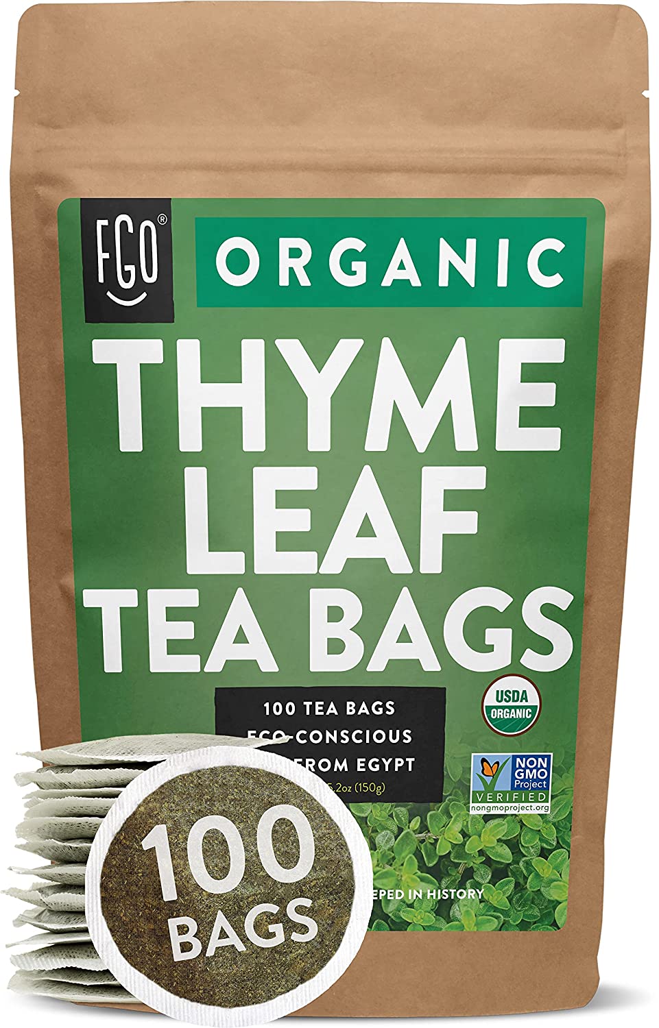 FGO Organic Thyme Leaf Tea Bags 100 Tea Bags Eco-Conscious Tea Bags in Kraft Bag