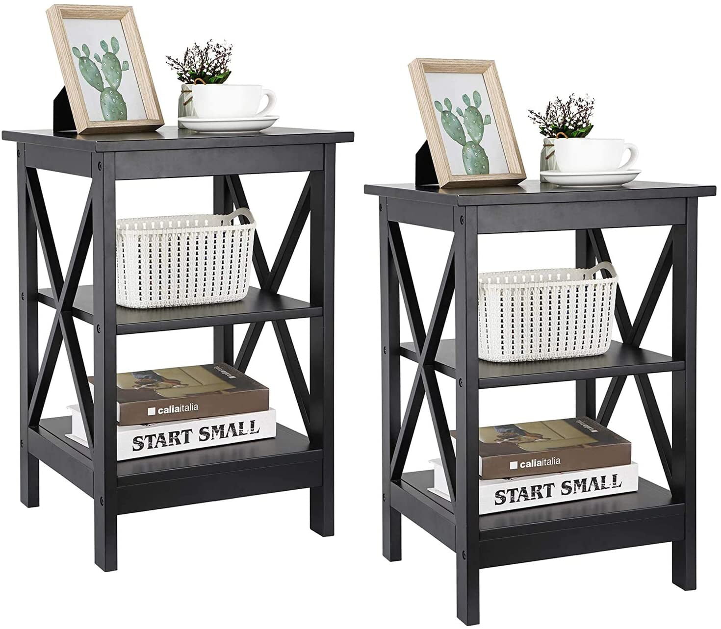 HomGarden 2 Pack 3-Tier End Table Square Wood Sofa Side Table. Black