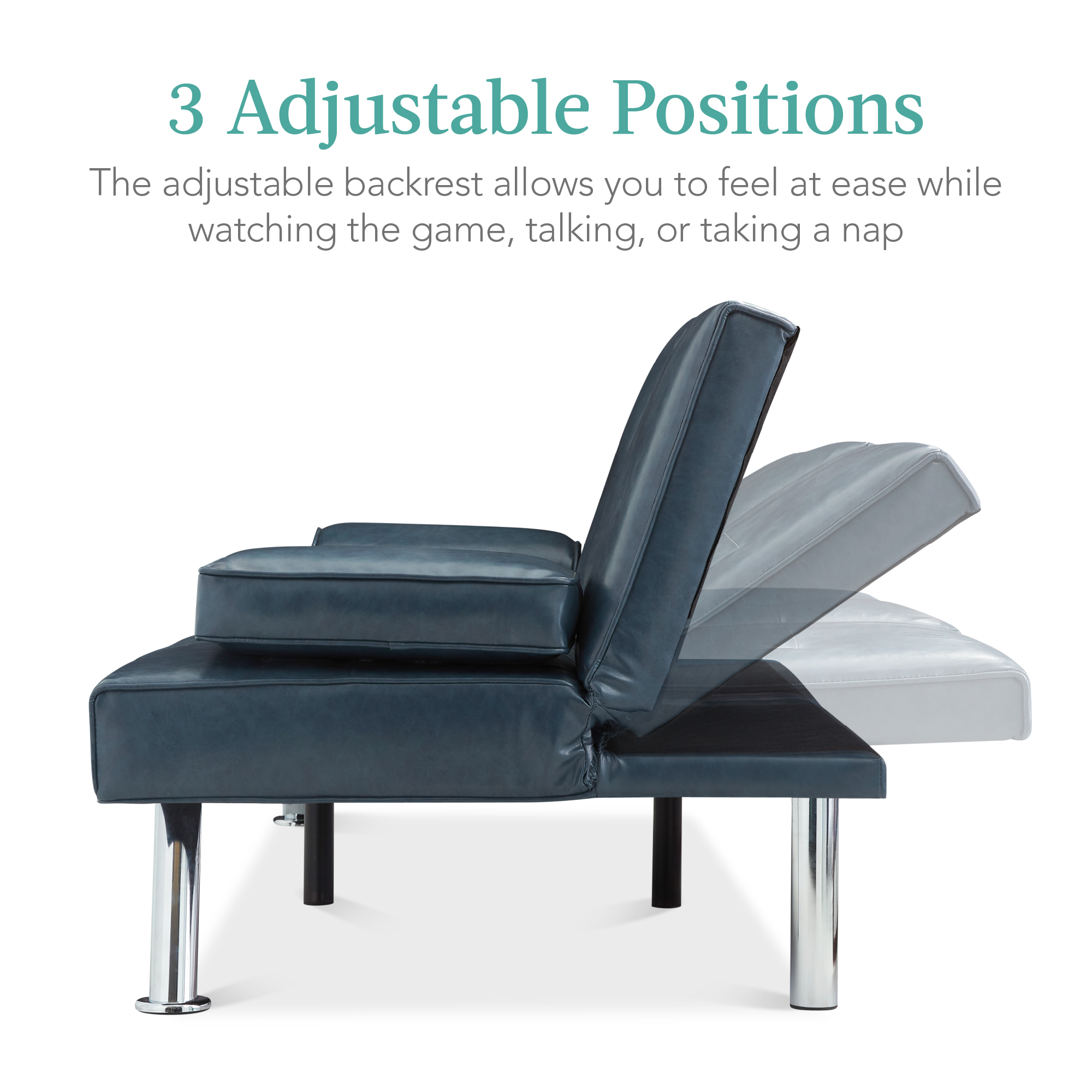 Best Choice Products Modern Faux Leather Convertible Futon Sofa w/ Removable Armrests. Metal Legs. 2 Cupholders - Blue