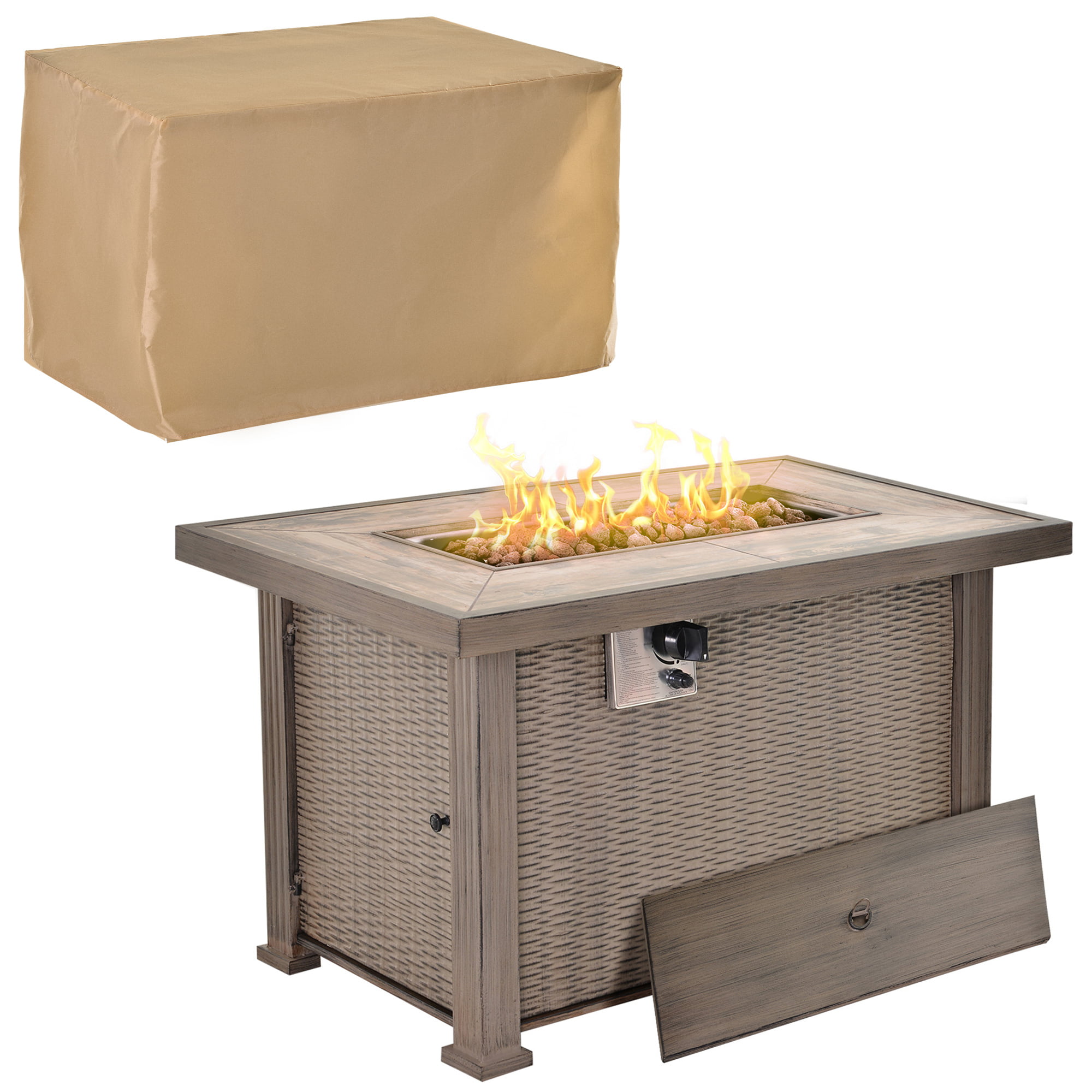 Outsunny 42″ Propane Fire Pit Table. 50.000 BTU Wicker-effect Auto-Ignition Gas Fireplace Fire Pits