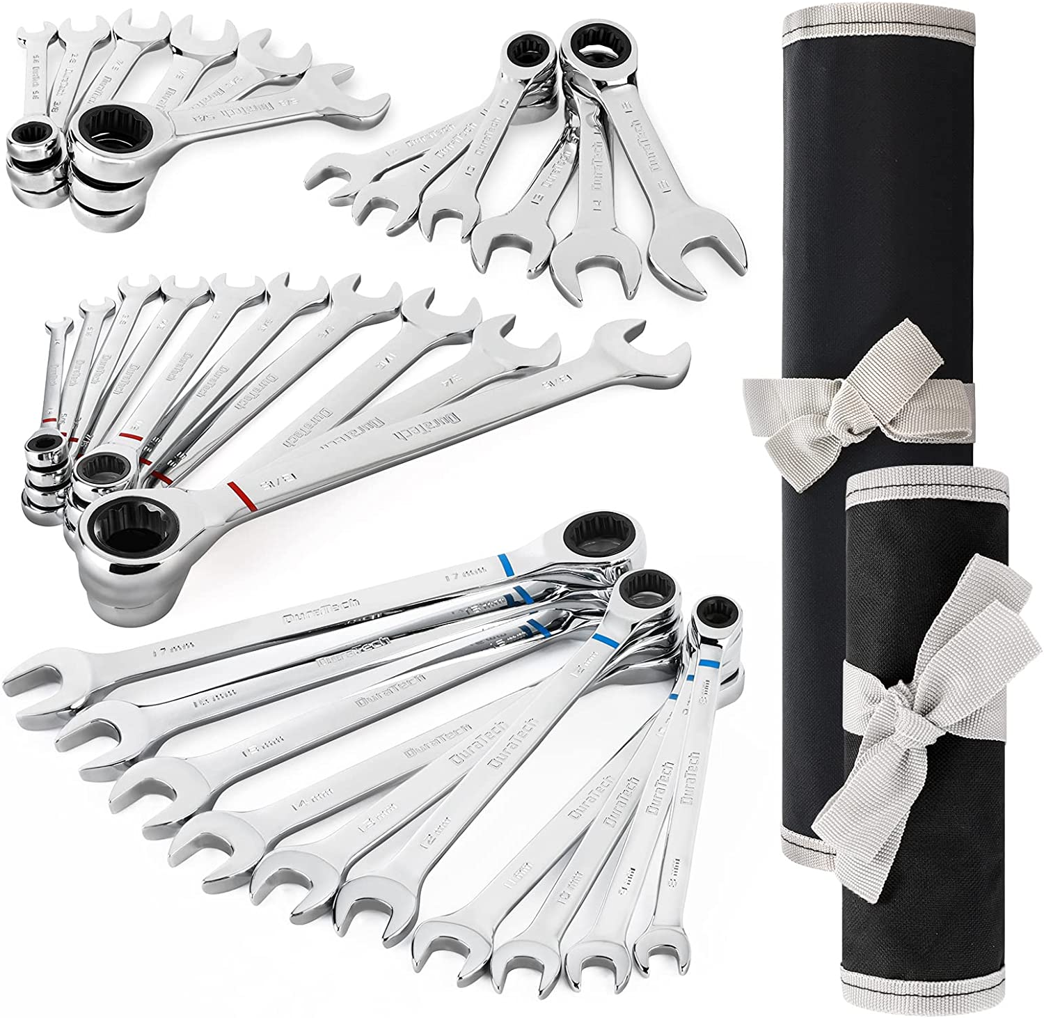 DURATECH 32-Piece Ratcheting Combination Wrench Set. 20PCS Combo & 12PCS Stubby Wrench Set. SAE & Metric. CR-V Steel. with Rolling Pouch