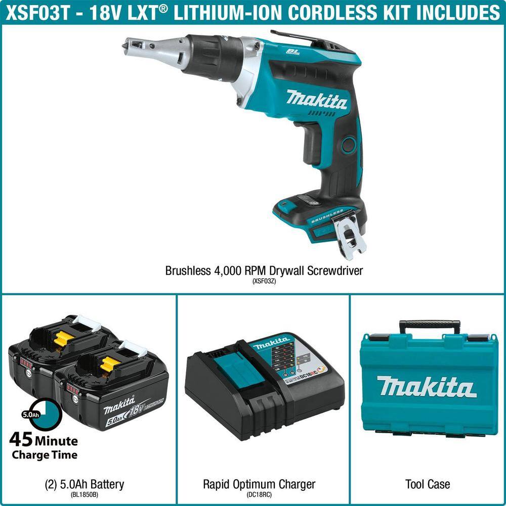 Makita XSF03T 18V 5.0Ah LXT Lithium-Ion Brushless Cordless Drywall Screwdriver Kit
