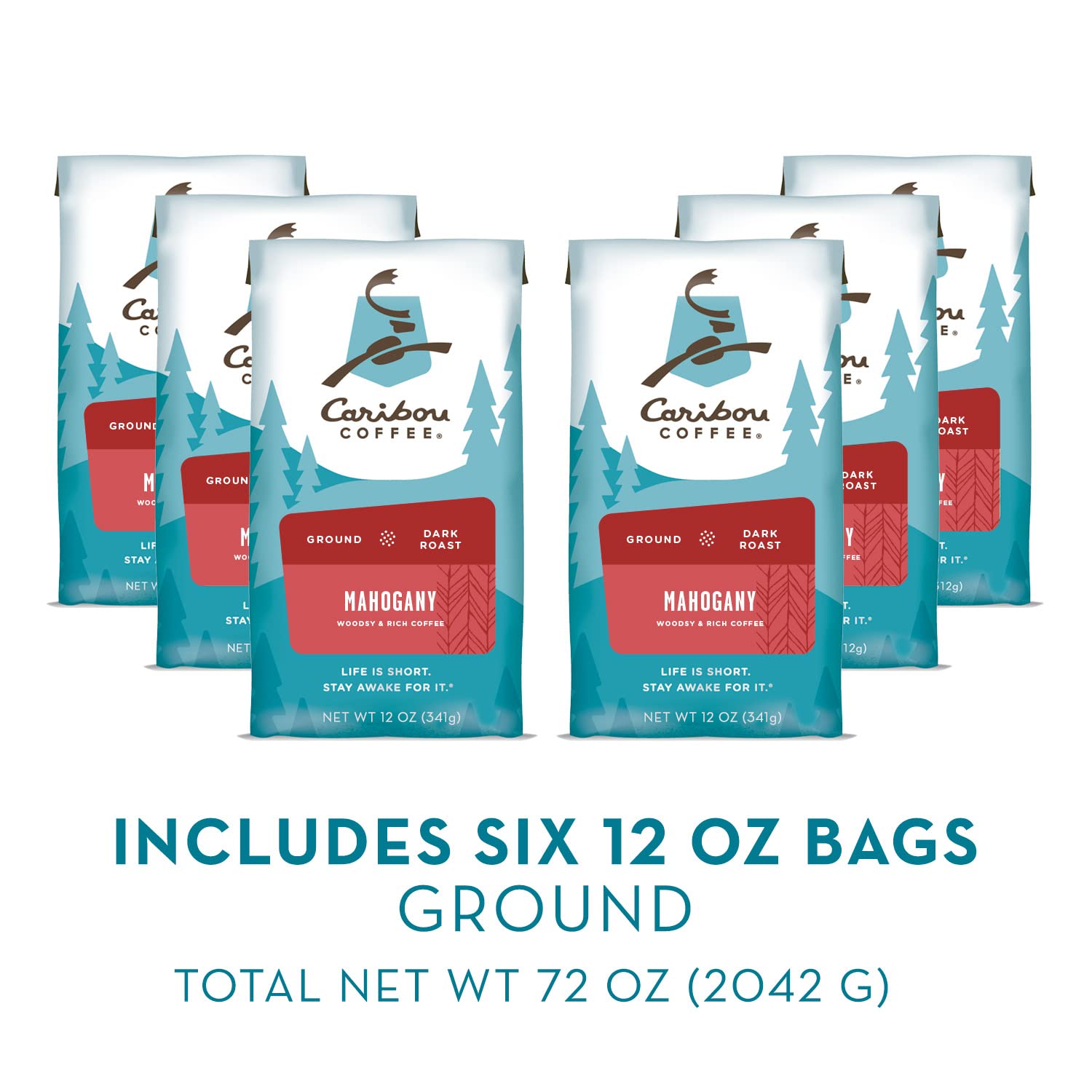 Caribou Coffee. Dark Roast Ground Coffee - Mahogany Blend 72 Ounces (6 Bags of 12 Ounces)