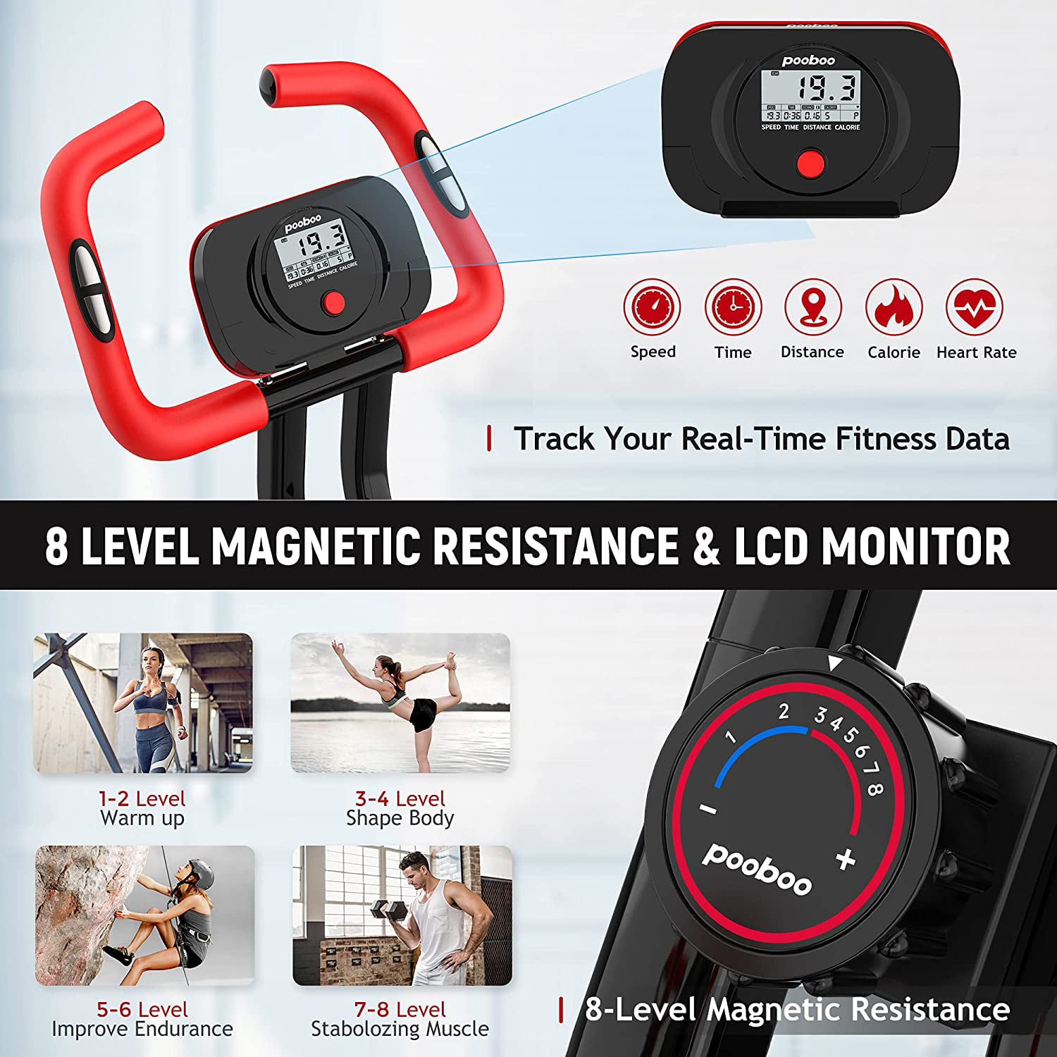 pooboo 3in1 Foldable Exercise Bike Indoor Cycling Bike Magnetic Stationary Bike Fitness Gym Workout 300lb