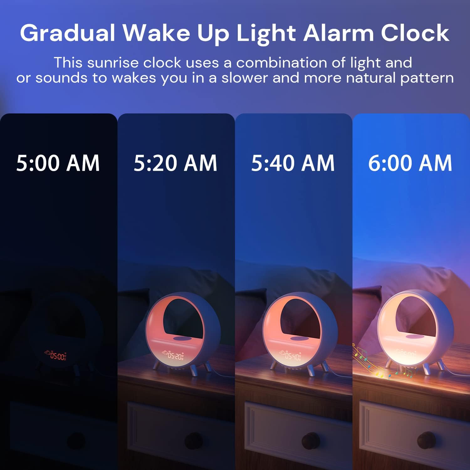 Dekala Arches Gradual Sunrise Alarm Clock with Wireless Charging Bluetooth Speaker White Noise Sleep Sound Machine with Night Light for Adults Touch/App Control Work with Alexa 【2.4G WiFi Required】