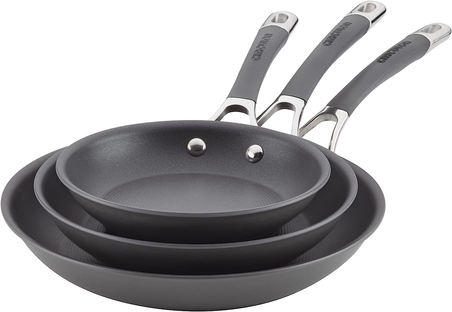 Circulon Radiance Hard Anodized Nonstick Frying / Fry Pan Set / Skillet Set - 8.5 Inch. 10 Inch. and 12.25 Inch . Gray