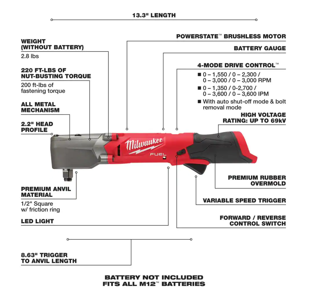 Milwaukee 2565-20 M12 FUEL 12V Lithium-Ion Brushless Cordless 1/2 in. Right Angle Impact Wrench (Tool-Only)