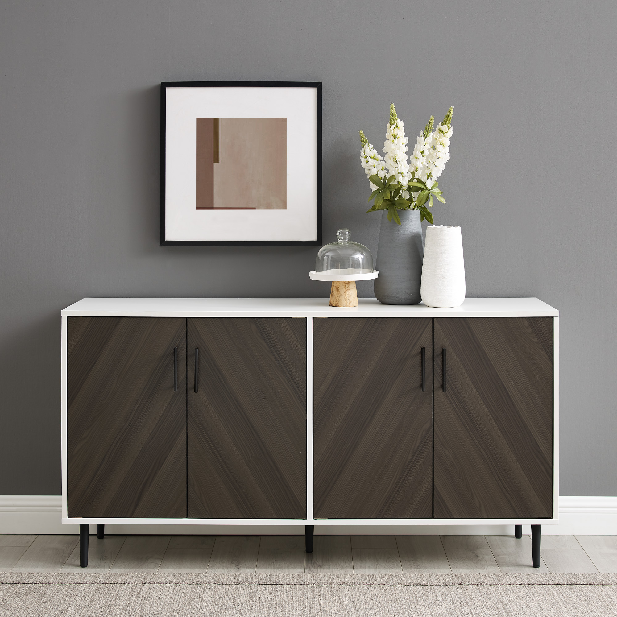 Bellamy Studios Margot Mid-Century Bookmatch Dual Cabinet Buffet. Ash Brown