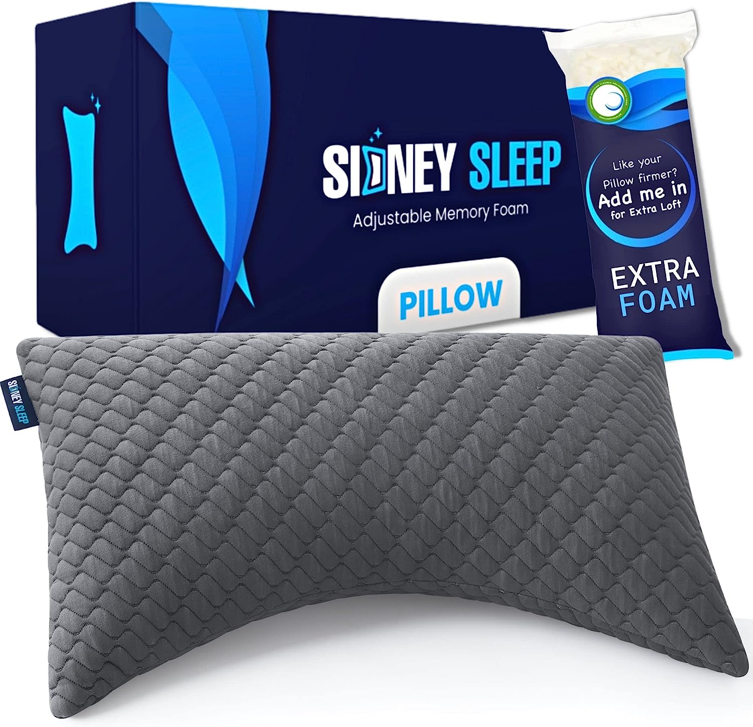 Sidney Sleep Bed Pillow for Side and Back Sleepers - Adjustable Filling - Memory Foam Pillow for Neck and Shoulder Pain - Customizable Loft - Queen Size - Additional Foam Bag Included (Queen. Grey)