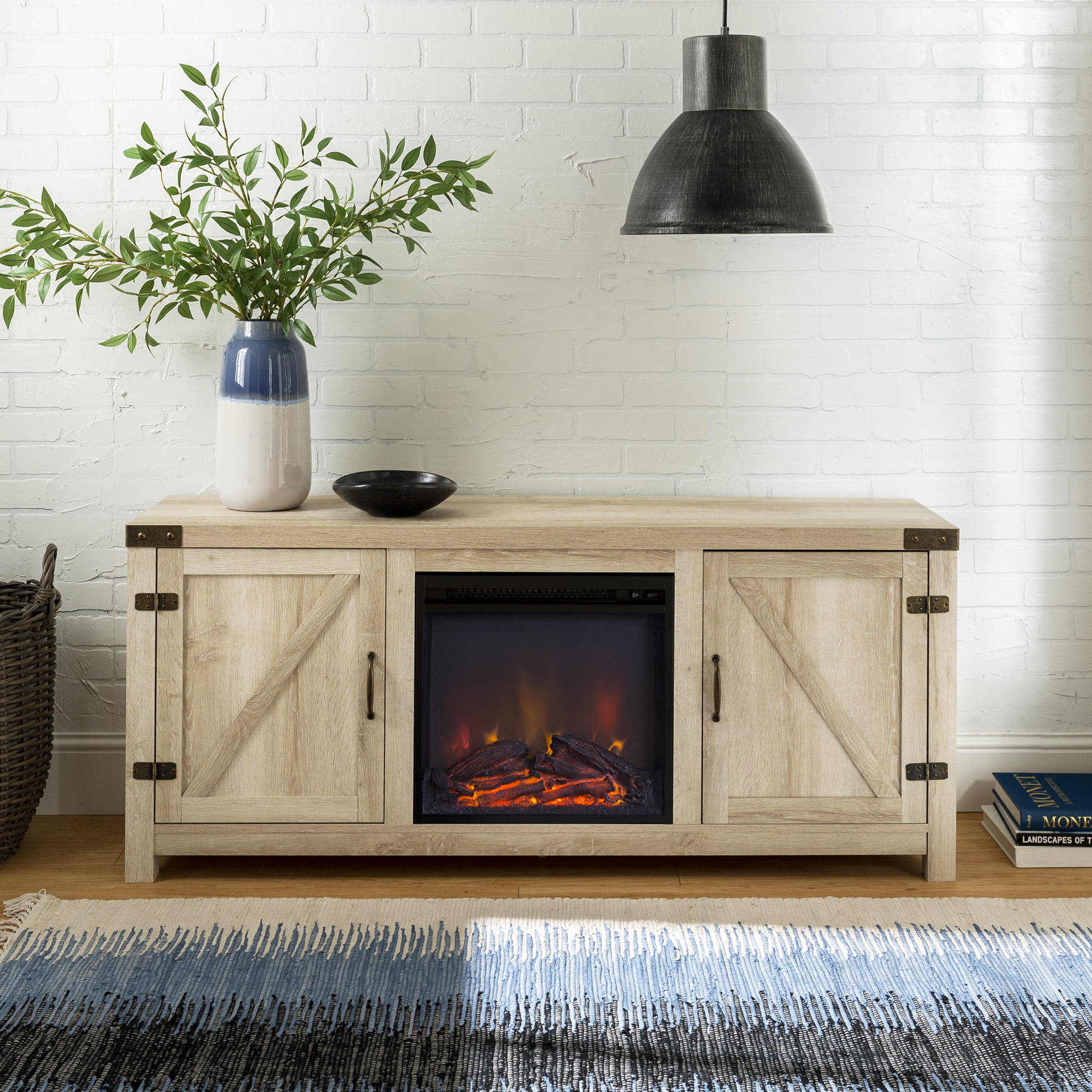 Woven Paths Modern Farmhouse Fireplace TV Stand for TVs up to 65″. White Oak