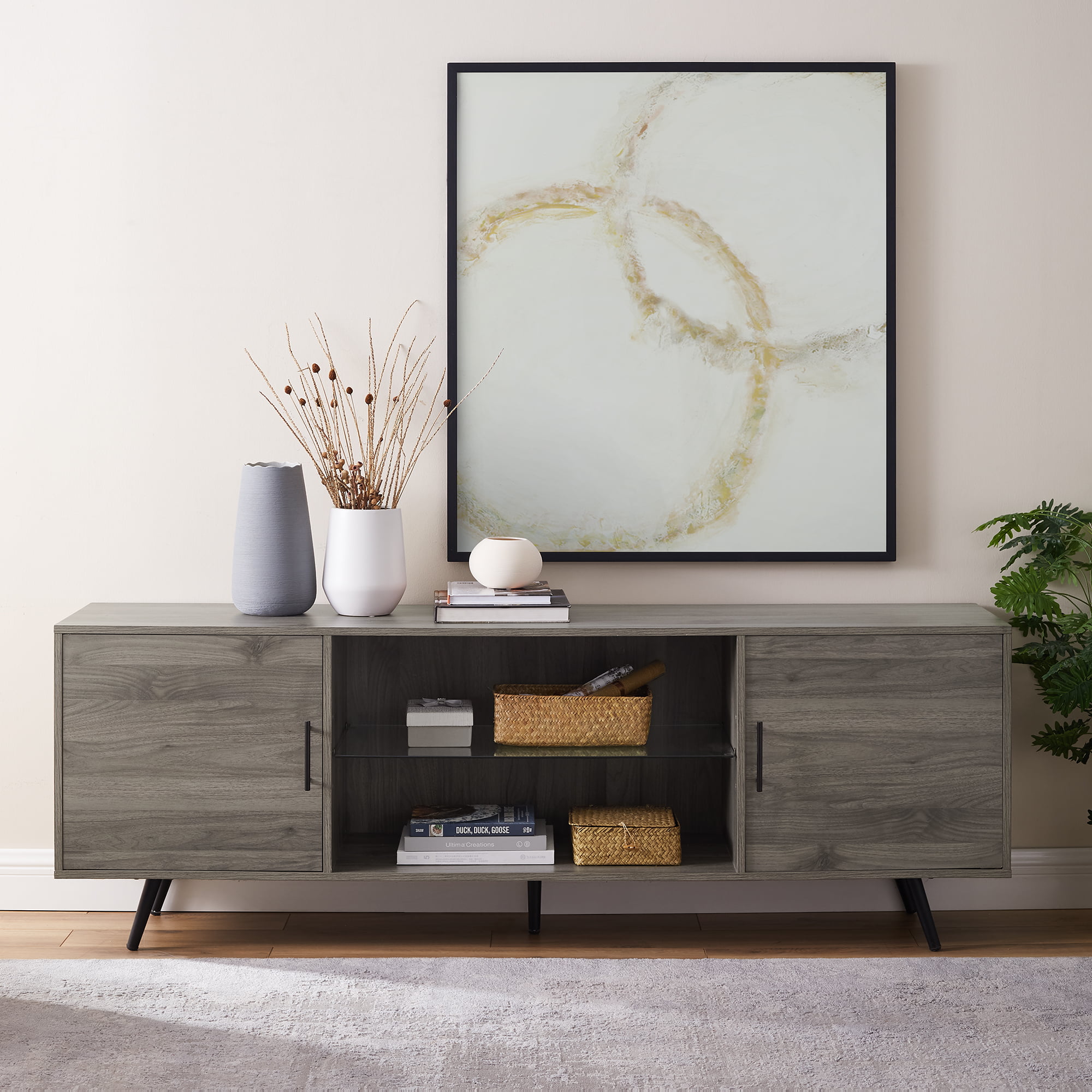 Desert Fields Thea Mid-Century Two-Door TV Stand for TVs up to 80″. Slate