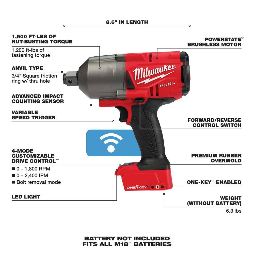 Milwaukee 2864-20 M18 FUEL ONE-KEY 18V Lithium-Ion Brushless Cordless 3/4 in. Impact Wrench with Friction Ring (Tool-Only)