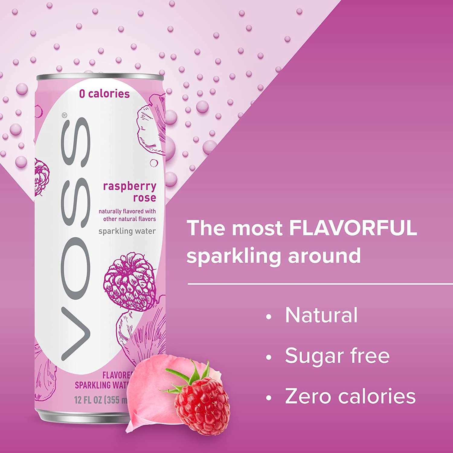 VOSS Raspberry Rose Flavored Sparkling Water. Unsweetened. Zero Calories. 24 Count
