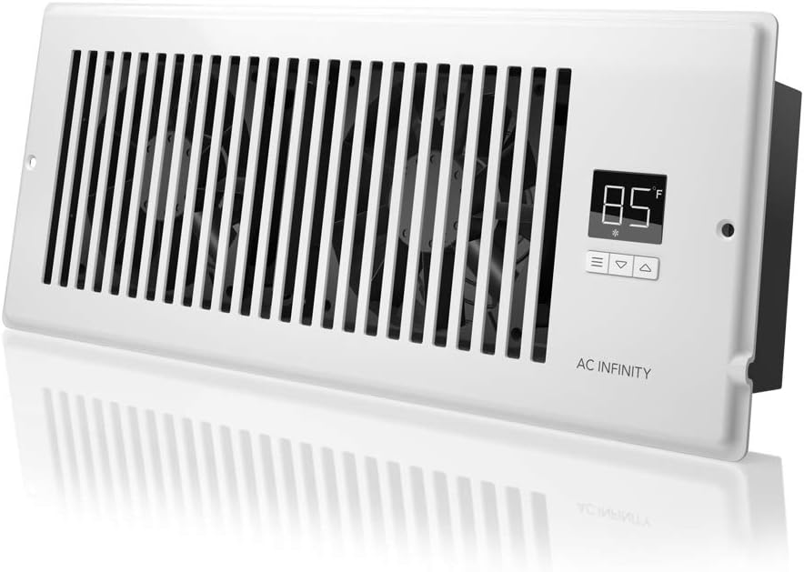 AC Infinity AIRTAP T4. Quiet Register Booster Fan with Thermostat Control. Heating Cooling AC Vent. Fits 4 x 12 Register Holes. White