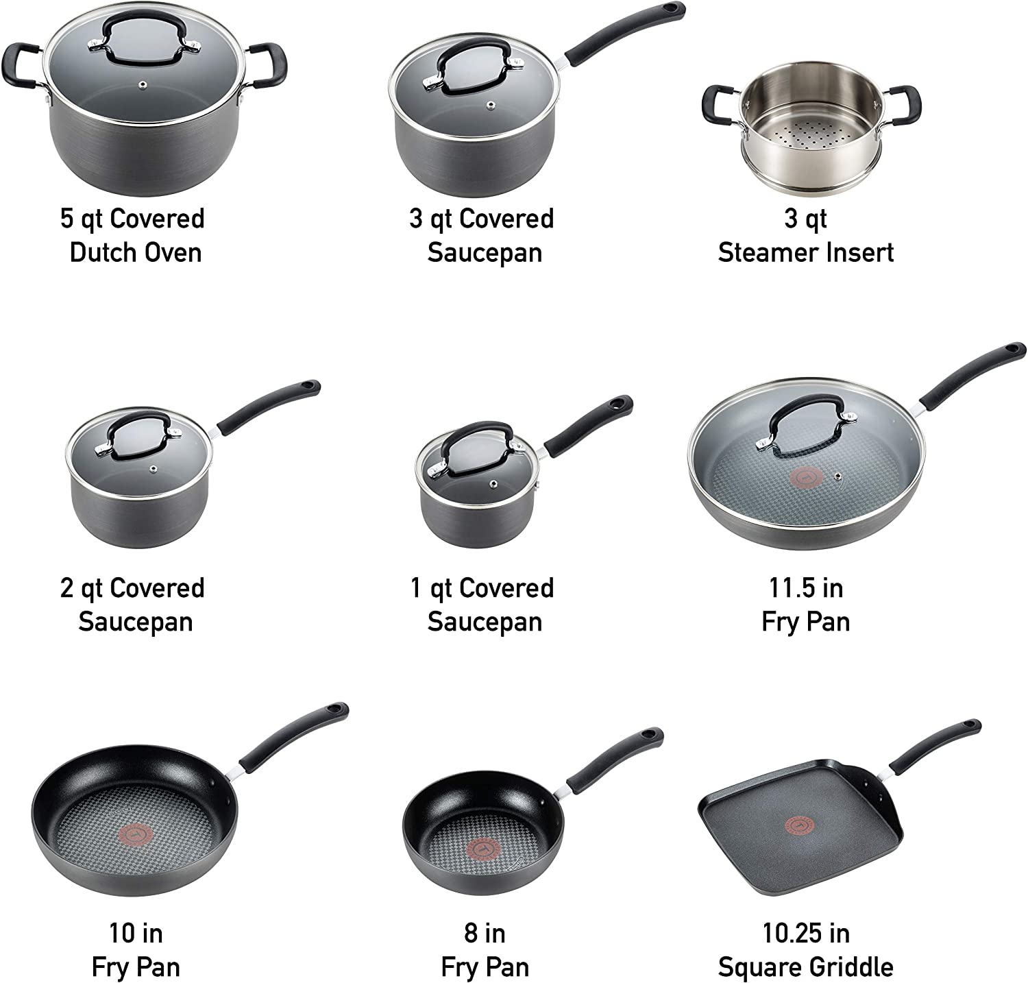 T-fal Ultimate Hard Anodized Nonstick Cookware Set 14 Piece Pots and Pans. Dishwasher Safe Black