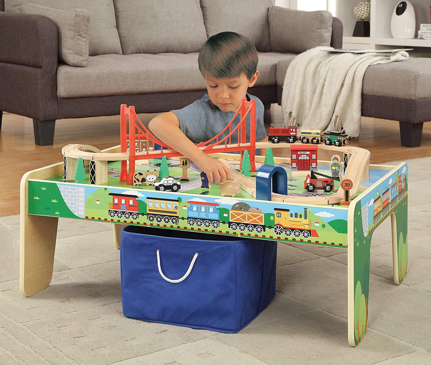 50 Piece Wooden Train Set with Activity Table & Storage Bin - 100% Hardwood Track. Engine. Oil Tanker. Caboose. Fire Engine. Station. Policeman. Farm Animals. Compatible with All Major Brands