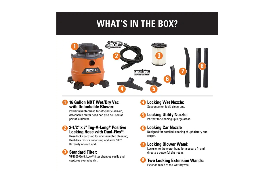 RIDGID HD1600 16 Gal. 6.5-Peak HP NXT Wet/Dry Shop Vacuum with Detachable Blower. Filter. Hose and Accessories