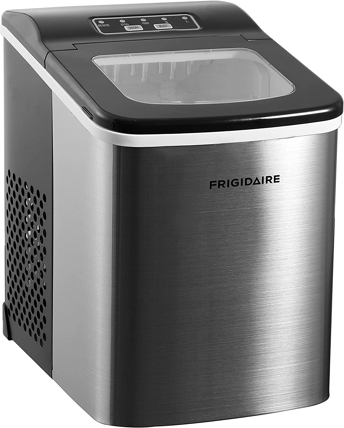 Frigidaire Compact Countertop Ice Maker. Makes 26 Lbs. Of Bullet Shaped Ice Cubes Per Day. Silver Stainless