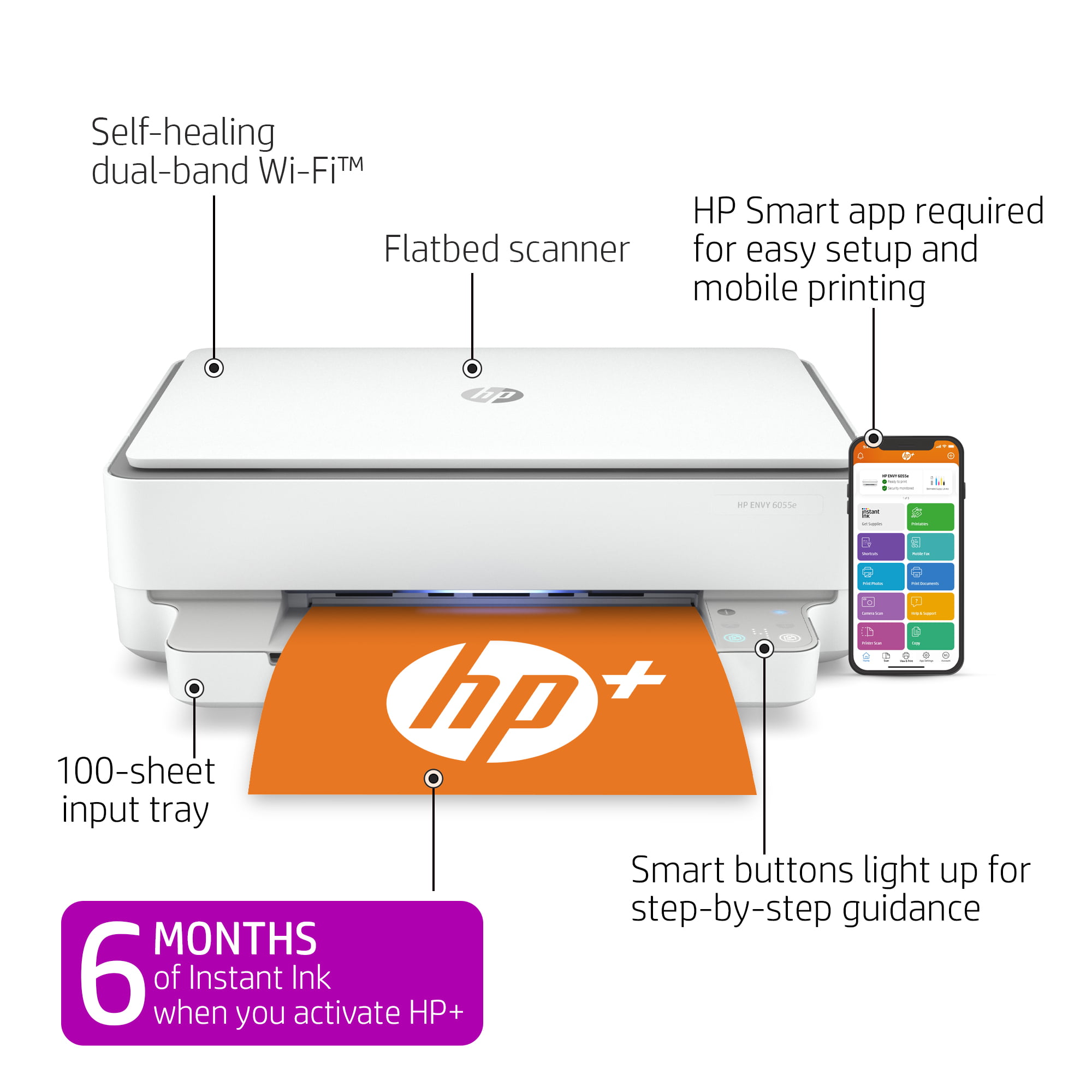 HP ENVY 6055e All-in-One Wireless Color Inkjet Printer -  6 months free Instant Ink with HP+