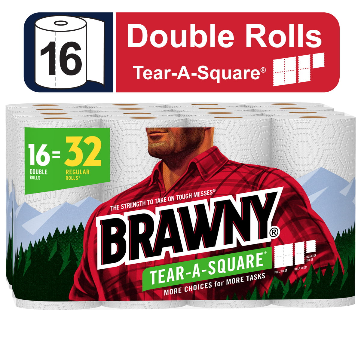 Brawny Tear-A-Square Paper Towels. White. 3 Sheet Sizes. 16 Double Rolls