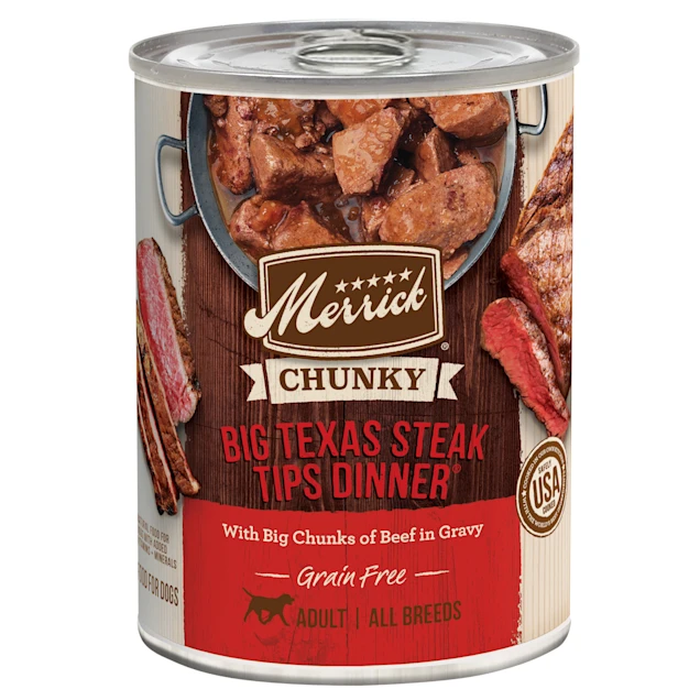 Merrick Grain Free Chunky Big Texas Steak Tips Dinner Canned Dog Food. 12.7 oz.. Case of 12