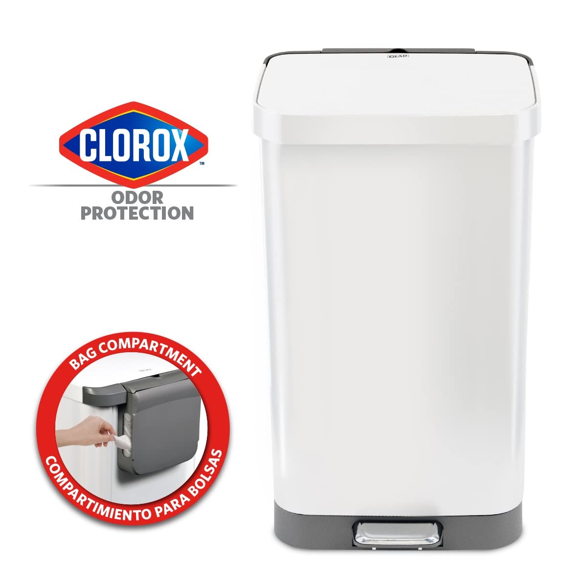 Glad Stainless Steel Step Trash Can with Clorox Odor Protection | Large Metal Kitchen Garbage Bin with Soft Close Lid. Foot Pedal and Waste Bag Roll Holder. 20 Gallon. White