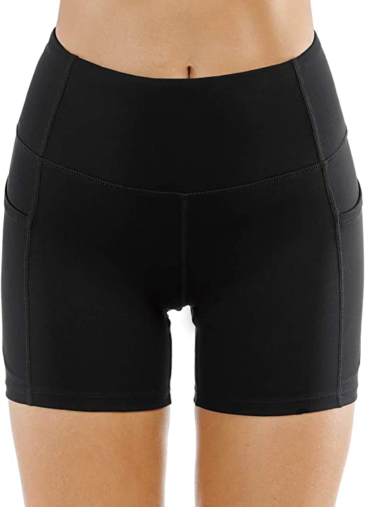 THE GYM PEOPLE High Waist Yoga Shorts for Women's Tummy Control Fitness Athletic Workout Running Shorts with Deep Pockets. Black