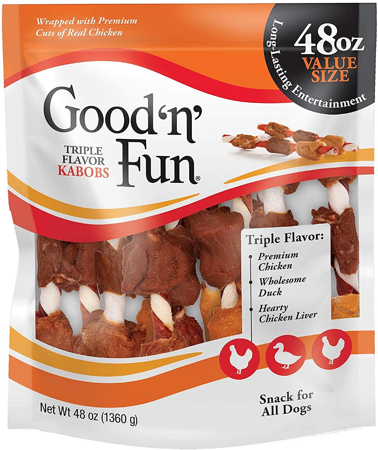Good 'n' Fun Triple Flavor Kabobs 48 Ounce. Rawhide Snack For All Dogs