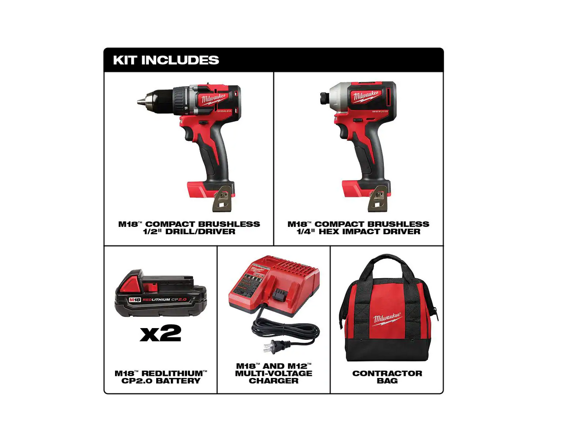 Milwaukee 2892-22CT M18 18-Volt Lithium-Ion Brushless Cordless Compact Drill/Impact Combo Kit (2-Tool). 2801-20. 2850-20. 48-11-1820. 48-59-1812