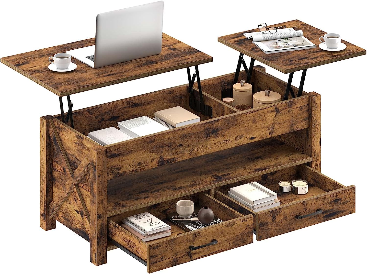 Seventable Coffee Table. 47.2″ Lift Top Coffee Table with 2 Storage Drawers and Hidden Compartment. X Wood Farmhouse Support. Retro Center Table with Wooden Lift Tabletop. for Living Room.Rustic Brown