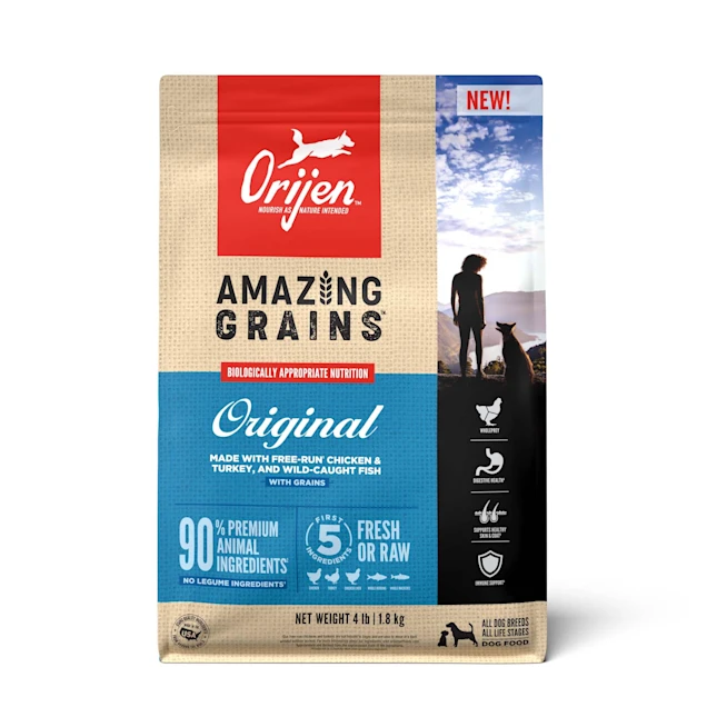 ORIJEN Amazing Grains Original High Protein Dry Dog Food. 4 Pound & 22.5 Pound.
