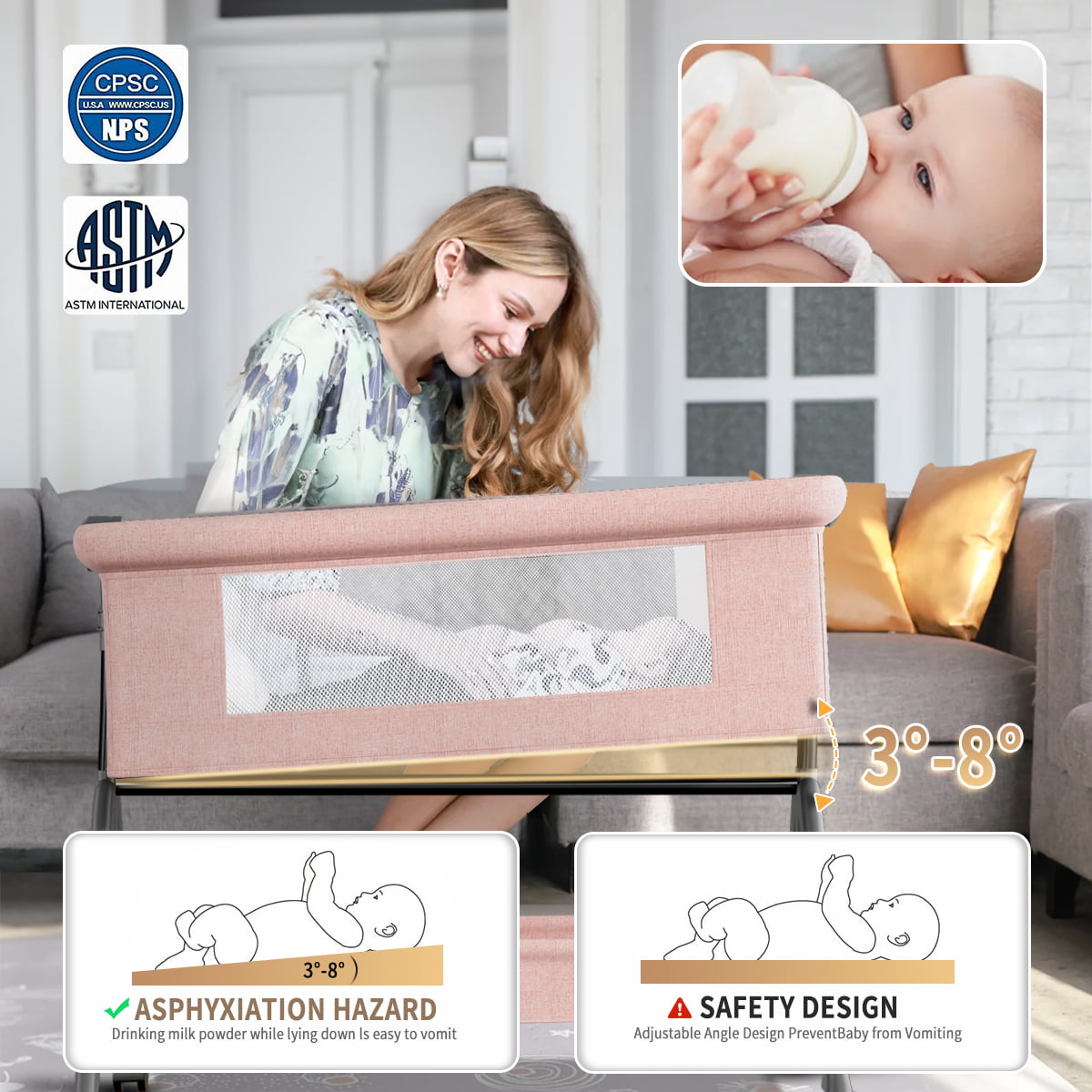 Baby Bassinet. Adjustable Baby Bedside Sleeper Bassinet with 360°Wheel. Baby Cradle for Infant.Newborn.Pink