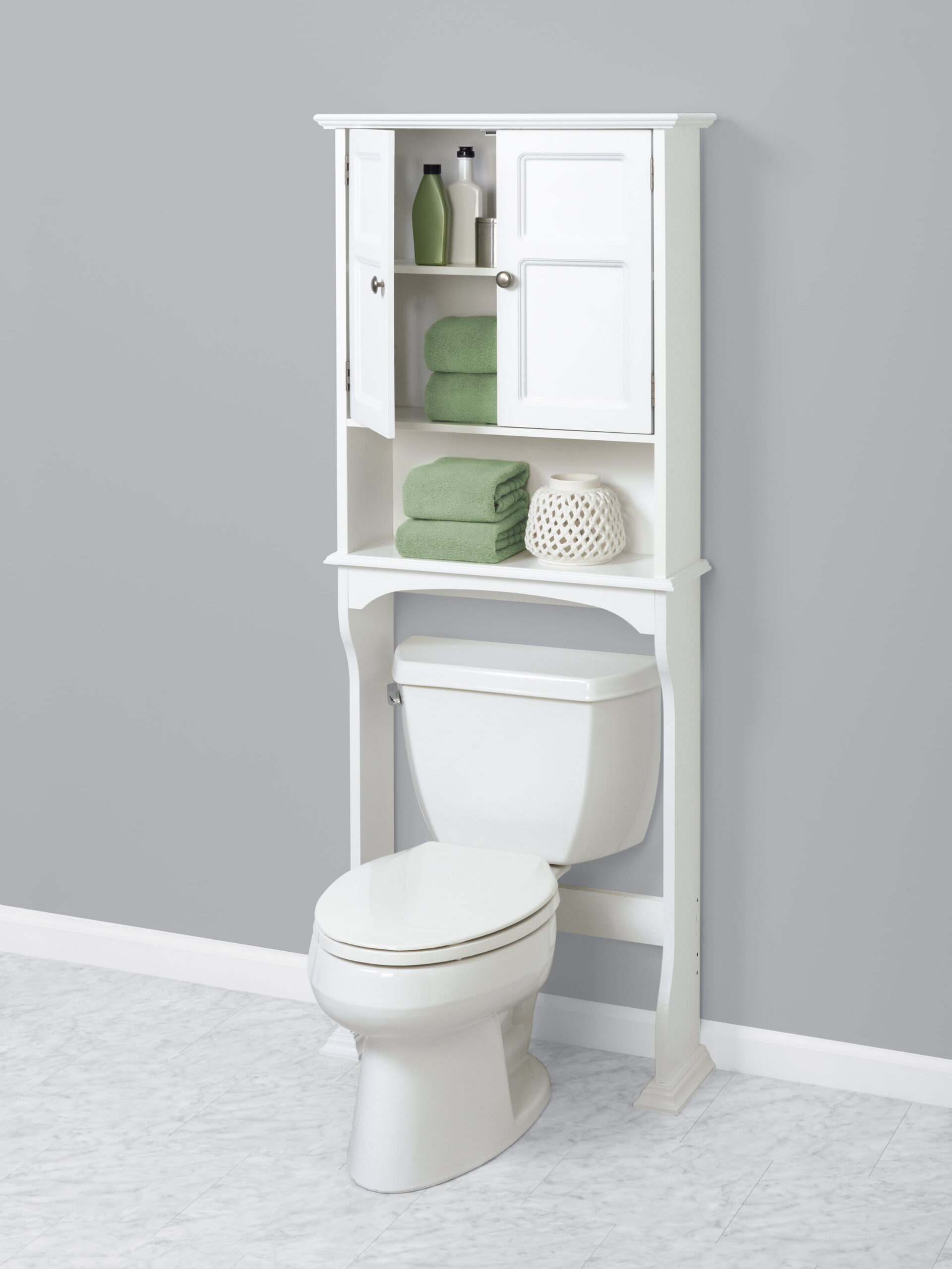 White Bathroom Spacesaver with Cabinet and 3 Shelves. Zenna Home Collette over-the-Toilet